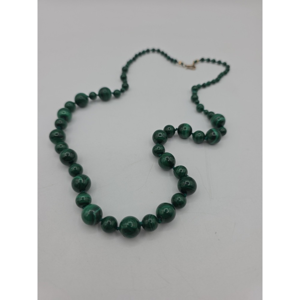 Malachite Hand Knotted Graduated Tound Bead 22" Vintage Necklace